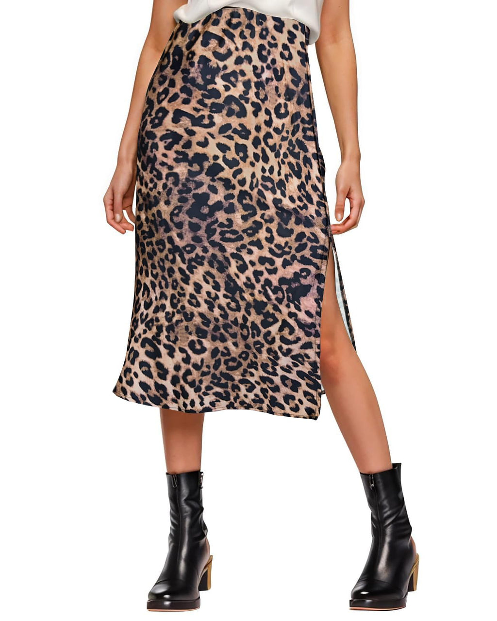 Amy Babe Womens Satin Silk High Waist Slit Midi Skirt Elastic Waistband Midi Skirts for Women