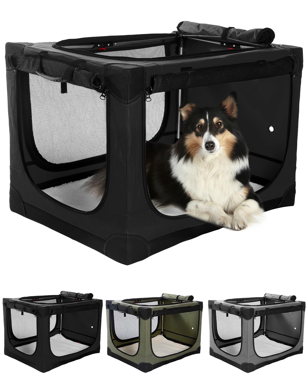 Veraste 24" L x 17" W x 17" H Collapsible Travel Dog Crate, Portable Soft Dog Kennel for Small Medium Pets up to 30 lbs, 4-Door Foldable Travel Crate with Durable Mesh & Storage Bag, Black