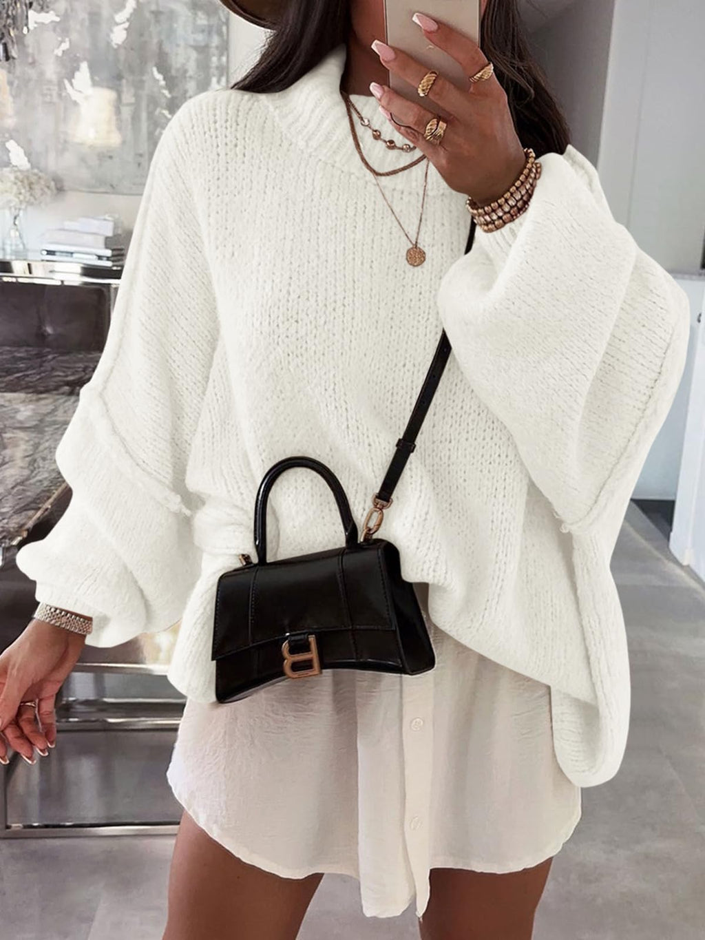 Saodimallsu Womens Oversized Sweaters Mock Neck Batwing Long Sleeve 2026 Fall Trendy Ribbed Knit Casual Tunic Sweater