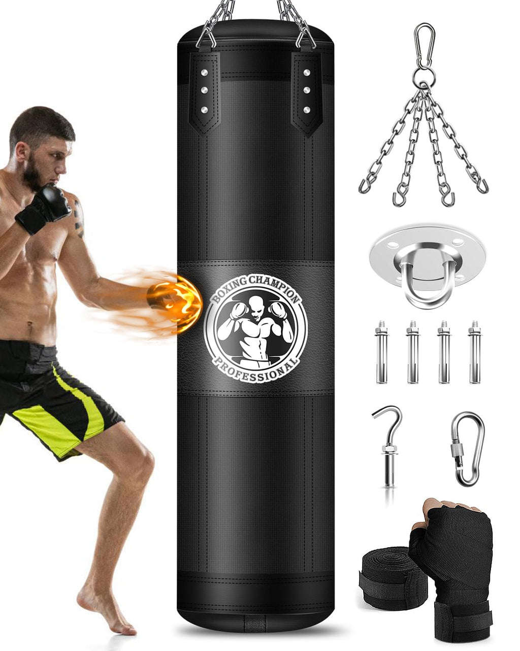 YORWHIN Punching Bag for Adults, 4FT PU Heavy Boxing Bags with Chain Ceiling Hook, Hanging Boxing Bag for Kickboxing Muay Thai Karate Judo Taekwondo Home Gym Training, Unfilled