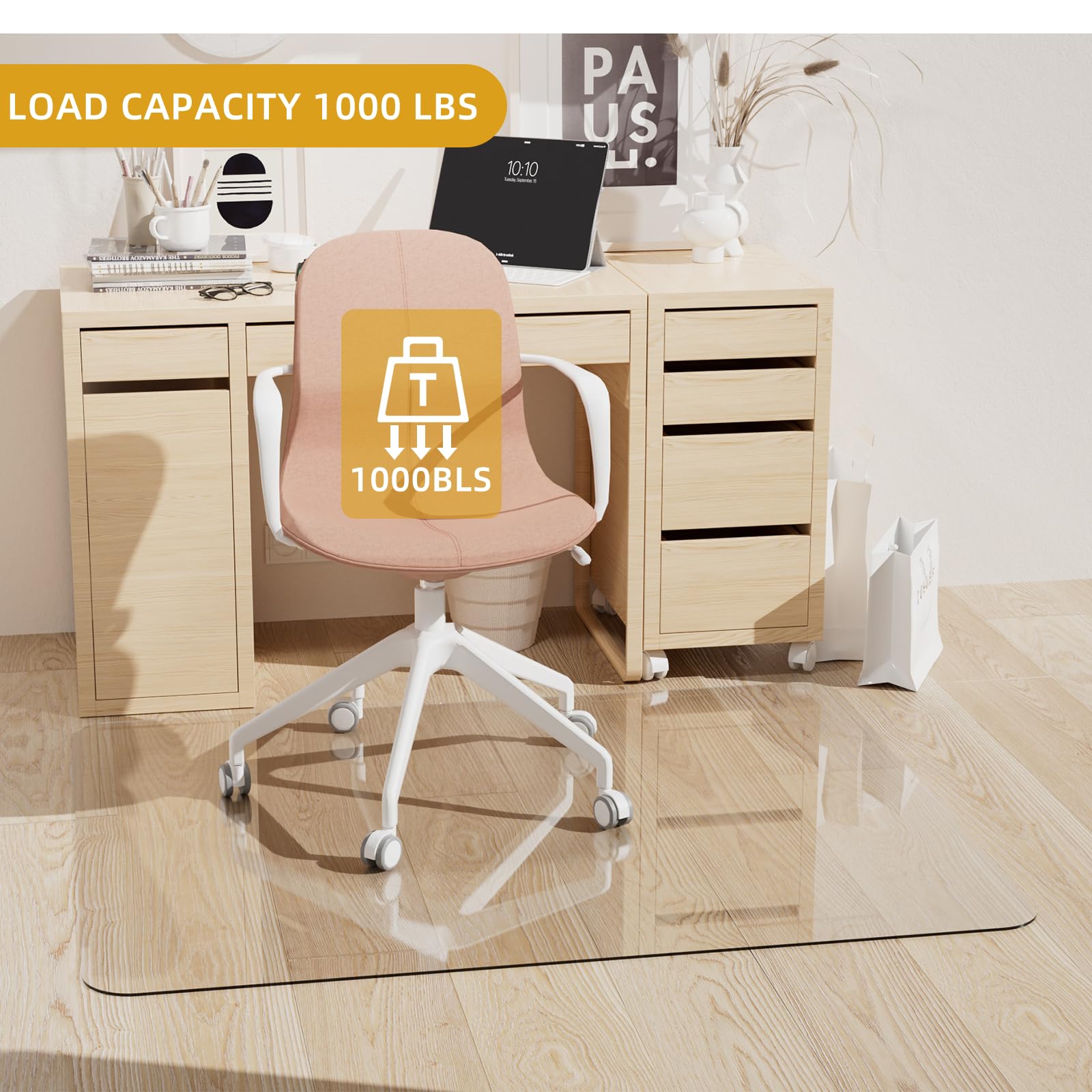 Tempered Glass Chair Mat 48" x 32",1/5" Thick for Office Desk,Rolling Chair Mat for Carpet, Odorless, Easy to Clean with 4 Non-Slip Pads for Carpet & Hardwood Floors