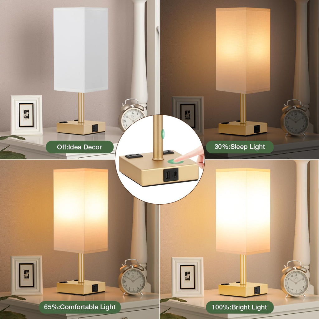 aooshine Set of 2 Touch Nightstand Lamp with USB-C+A Charge Ports& AC Outlets, 3-Way Dimmable Bedside Lamp with White Fabric Shade,Small Table Lamp for Bedroom Guest Room(Bulb Included)