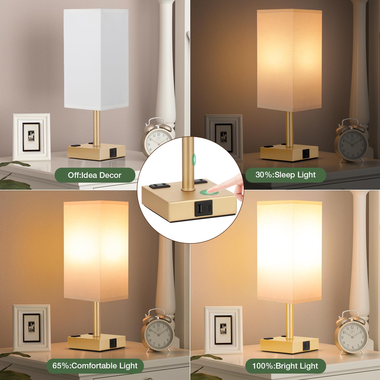 aooshine Set of 2 Touch Nightstand Lamp with USB-C+A Charge Ports& AC Outlets, 3-Way Dimmable Bedside Lamp with White Fabric Shade,Small Table Lamp for Bedroom Guest Room(Bulb Included)