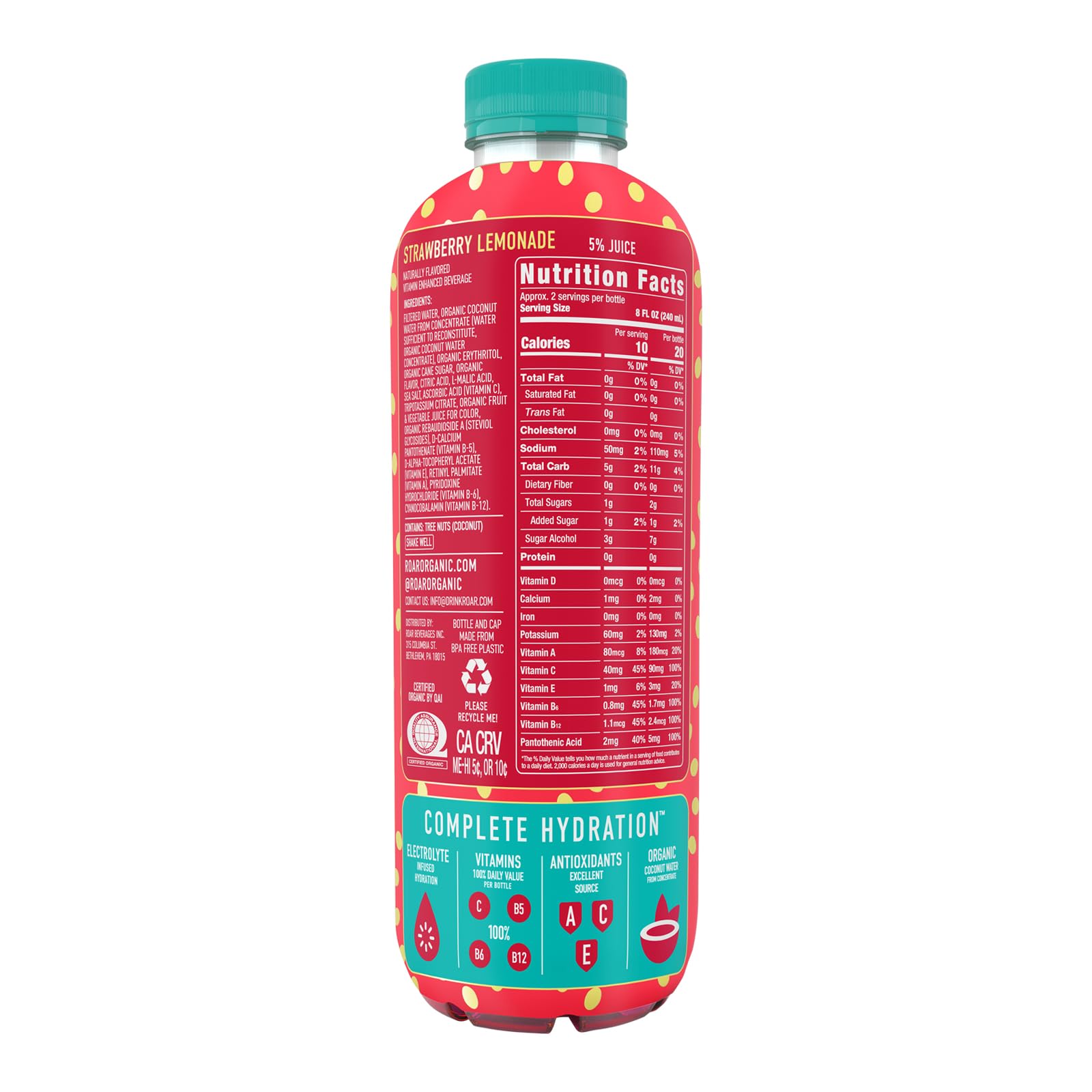 ROAR Complete Hydration Organic - Electrolyte Drinks Loaded with Vitamins C, B5, B12 - Non-GMO, Gluten-Free - Strawberry Lemonade - 12 pc