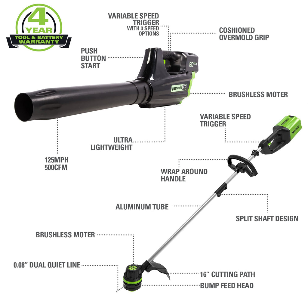 Greenworks Pro 80V Cordless Brushless String Trimmer + Leaf Blower Combo, 2Ah Battery and Charger Included STBA80L210 & 0.080" 200-Foot Twisted String Trimmer Line