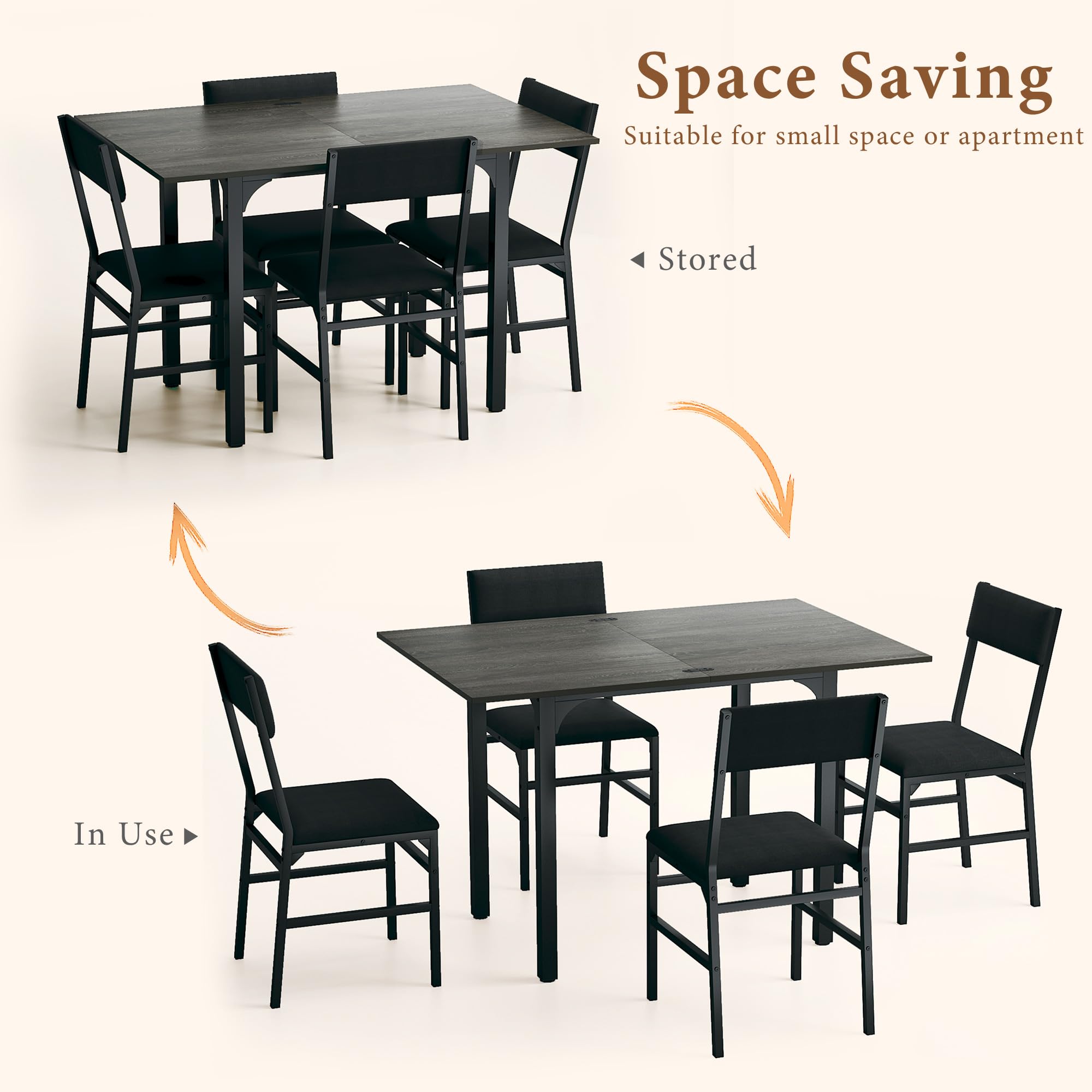 HUAHUU Dining Table Set for 4, Extendable Kitchen Table Cushion Chairs Set of 4, Rectangle Dining Table with Metal Frame & MDF Board, Folding for Small Apartment Saving Space, Black