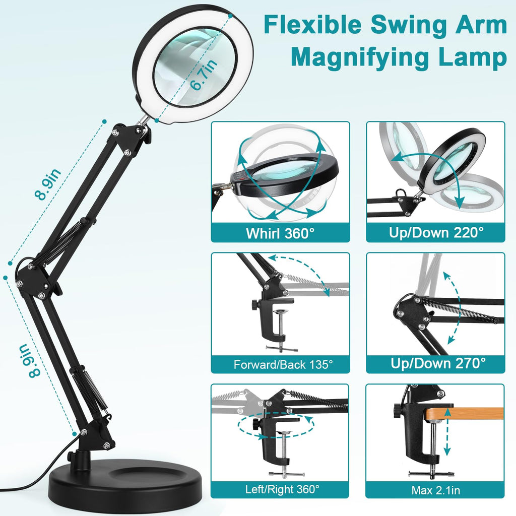 12X Magnifying Glass with Light and Stand, Real Glass, 5 Color Modes, Brightness Stepless Dimmable Lighted Magnifier Hands Free, 2-in-1 Desk Lamp & Clamp Light, Magnifier Lamp for Close Work, Reading
