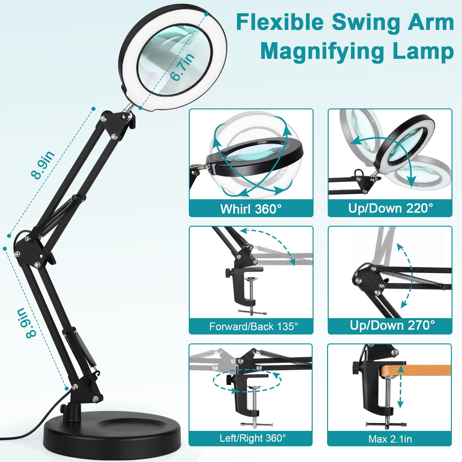 12X Magnifying Glass with Light and Stand, Real Glass, 5 Color Modes, Brightness Stepless Dimmable Lighted Magnifier Hands Free, 2-in-1 Desk Lamp & Clamp Light, Magnifier Lamp for Close Work, Reading