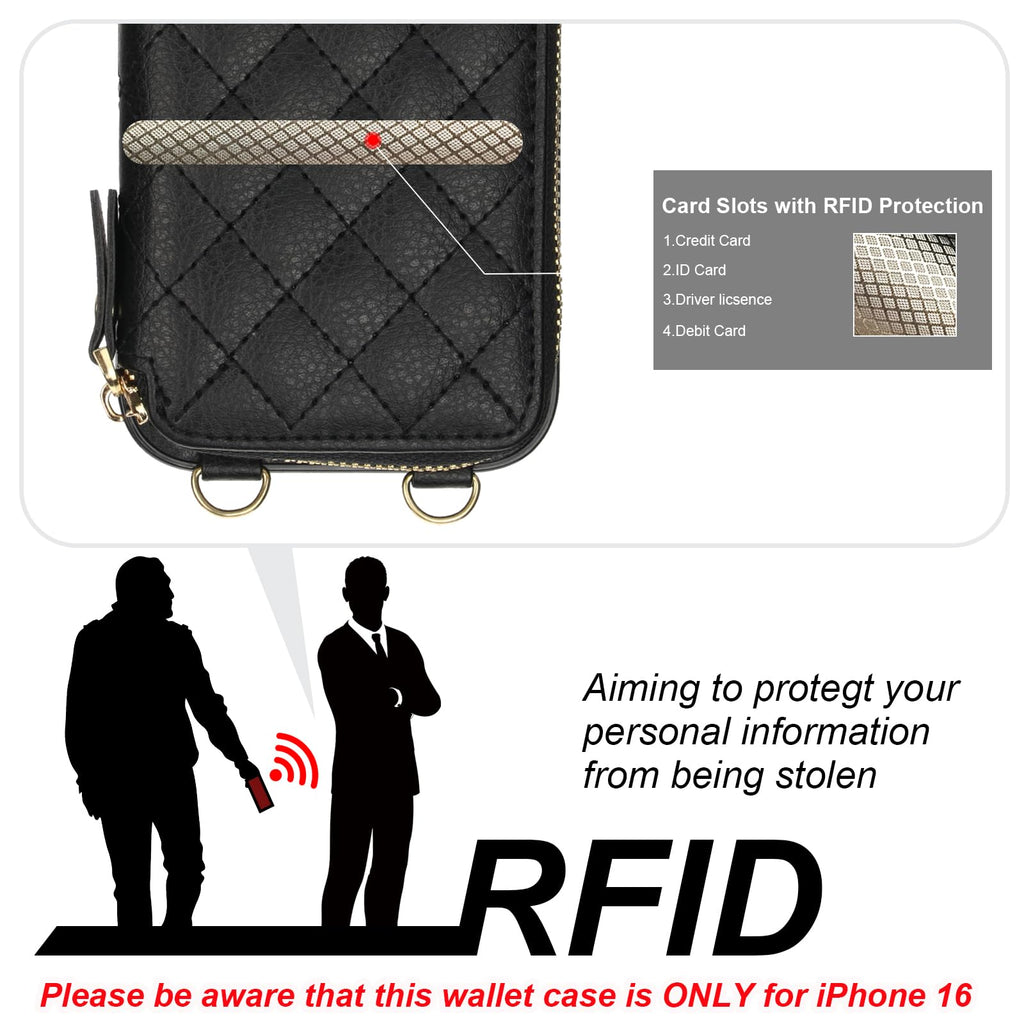 Bocasal Crossbody Wallet Case for iPhone 16, RFID Blocking PU Leather Zipper Handbag Purse Flip Cover, Kickstand Folio Case with Card Slots Holder Wrist Strap Lanyard 5G 6.1 Inch (Black)
