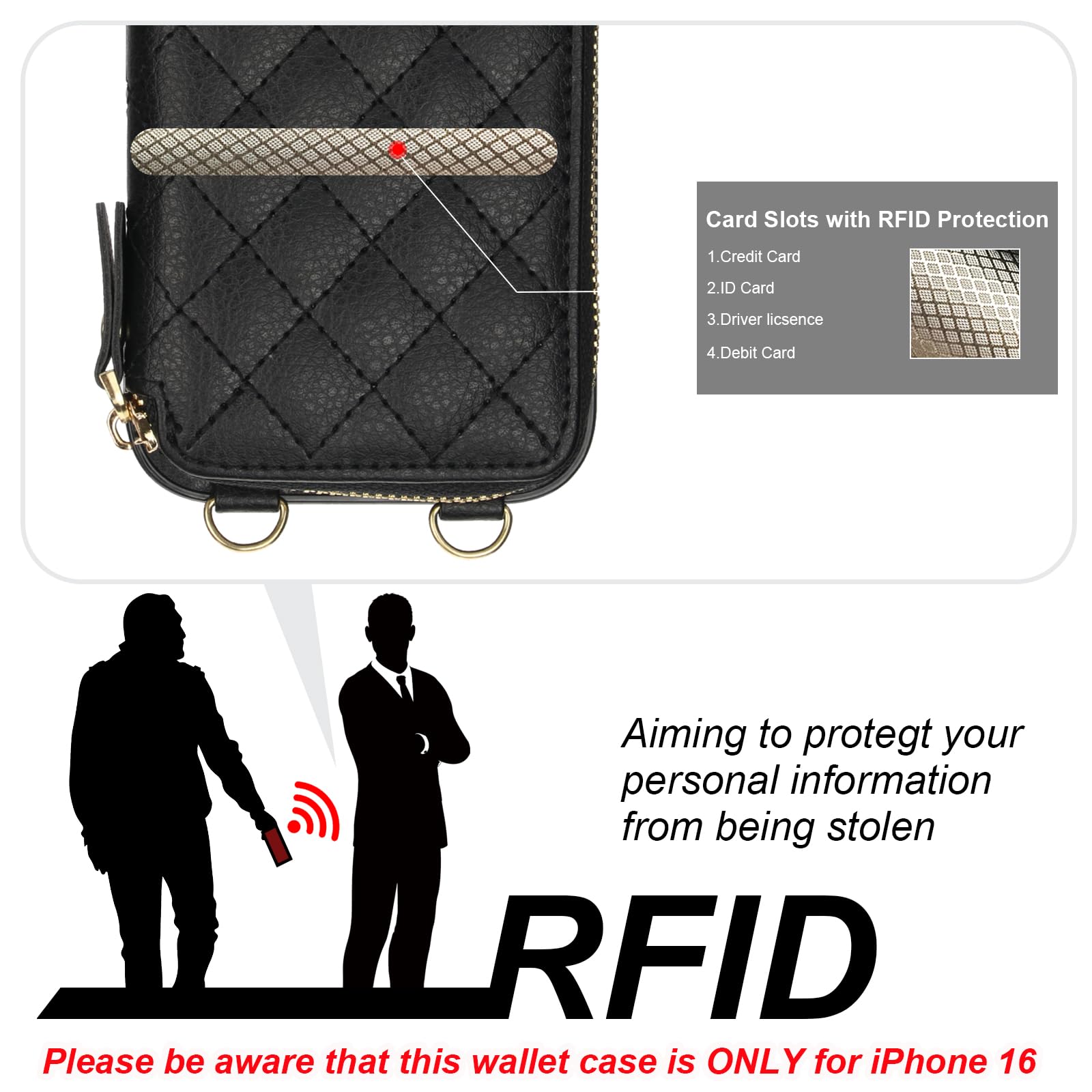 Bocasal Crossbody Wallet Case for iPhone 16, RFID Blocking PU Leather Zipper Handbag Purse Flip Cover, Kickstand Folio Case with Card Slots Holder Wrist Strap Lanyard 5G 6.1 Inch (Black)