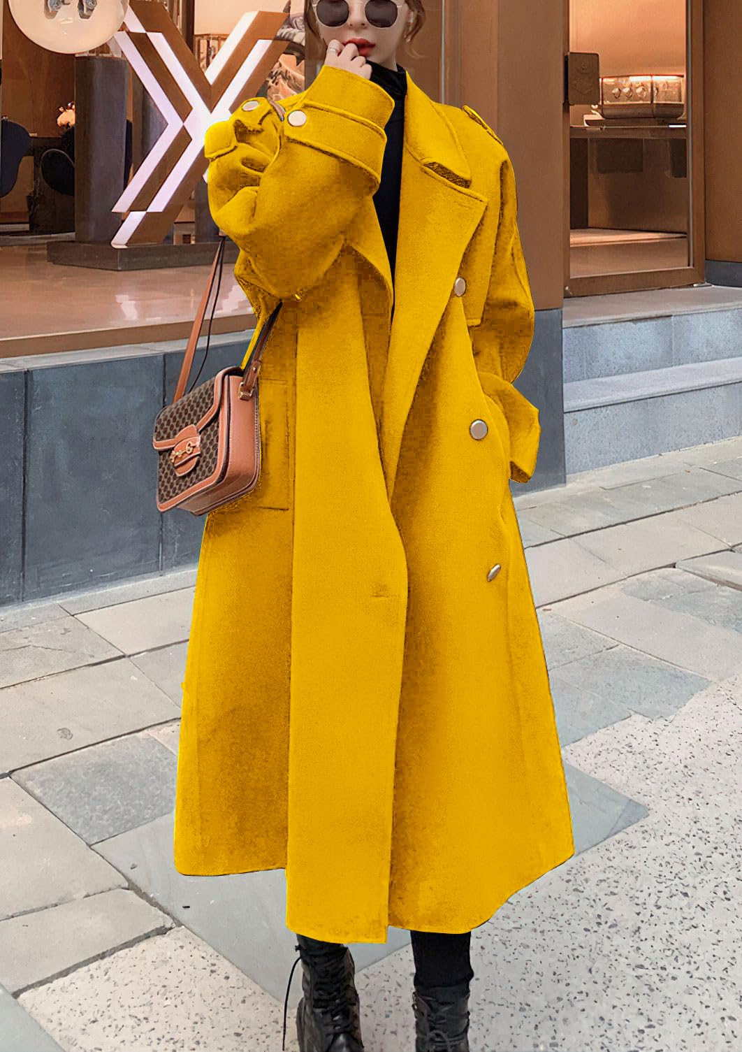 chouyatou Women's Winter Double Breasted Midi Long Wool Pea Coat Notch Lapel Winter Trench Coat