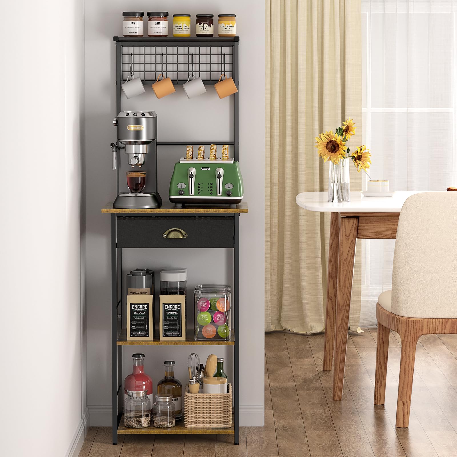 5 Tier Coffee Bar Station, Kitchen Stand with 4 S-Shaped Hooks, Farmhouse Corner Coffee Bar Cabinet for Small Spaces, Bakers Rack for Kitchen, Entryway, Living Room, 13.43"D x 18.93"W x 53.31"H