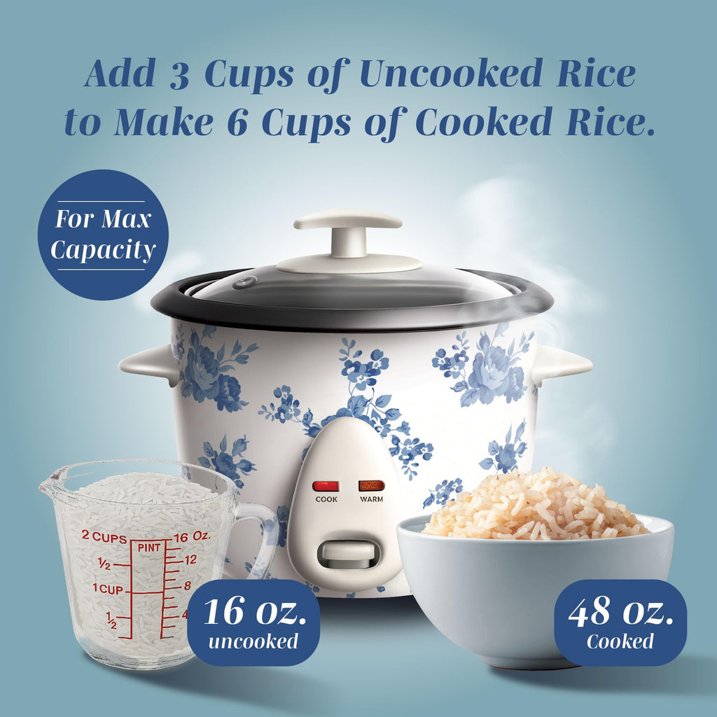 COOK WITH COLOR 6 Cup Rice Cooker 300W - Effortless Cooking and Perfectly, Cooks 3 Cups of Raw Rice for 6 Cups of Cooked Rice, Floral Blue