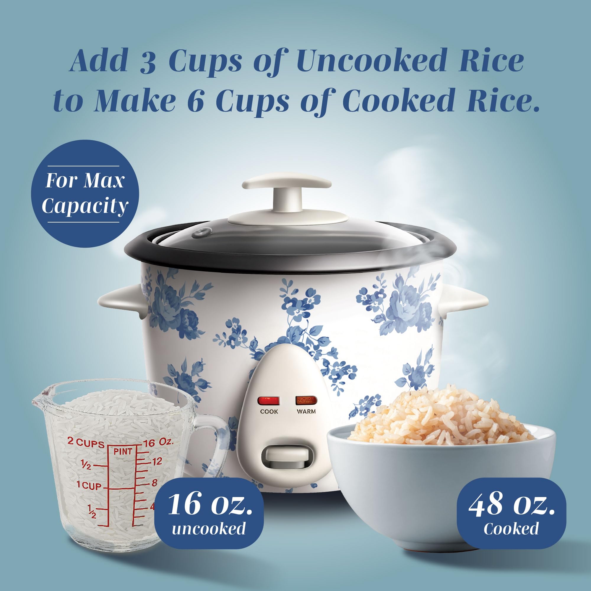 COOK WITH COLOR 6 Cup Rice Cooker 300W - Effortless Cooking and Perfectly, Cooks 3 Cups of Raw Rice for 6 Cups of Cooked Rice, Floral Blue