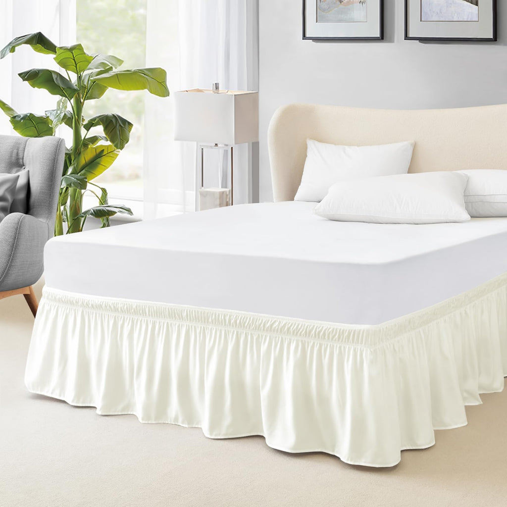 FreshCulture Twin Bed Skirt, Elastic Wrap Around Bed Skirt Twin Bed, Easy Fit with 15-Inch Tailored Drop, Hotel Quality Bed Skirts for Adjustable Bed (Beige)