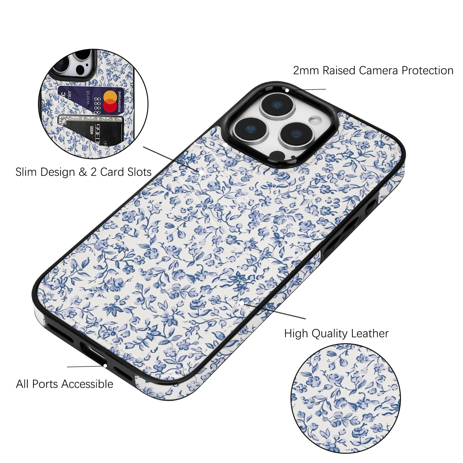 for iPhone 11 6.1 inch Case with Card Holder Soft Leather Wallet Case Protective Shockproof Hard Cover for Women Man (Blue Floral, iPhone 11 6.1 inch)
