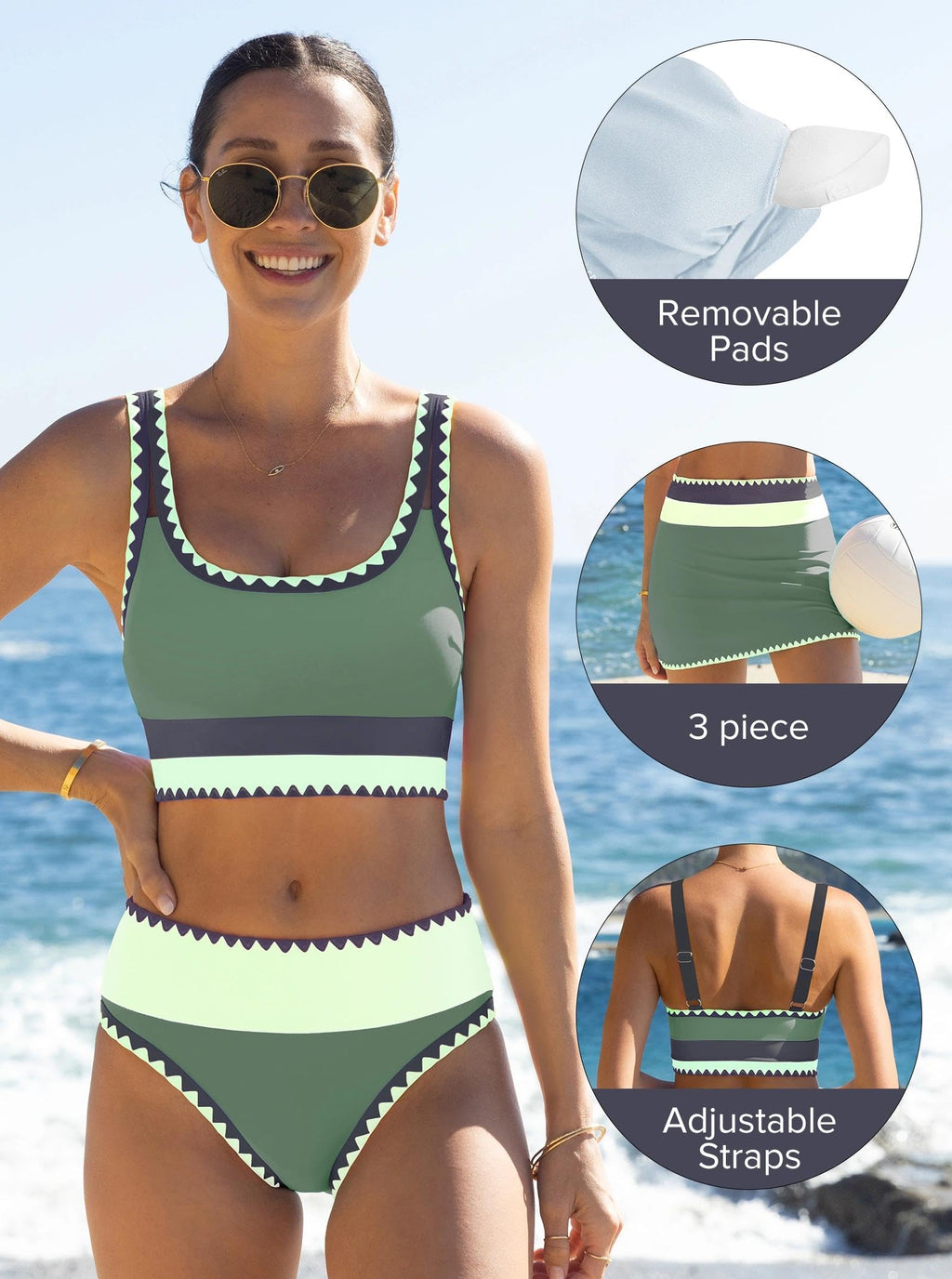 popvil High Waisted Bikini Sets for Women Tummy Control Swimsuits 3 Piece Bathing Suits Neon Swimwear with Skirt 2026