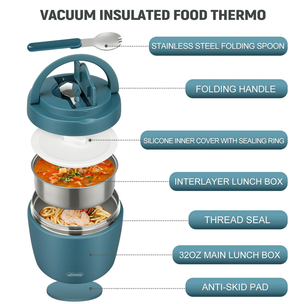 wiwens Thermo Food Jar for Hot Food Adults 32OZ Soup Thermo Lunch Containers Wide Mouth Vacuum Insulated Stainless Steel Leakproof Bento Box with Spoon (Beige)