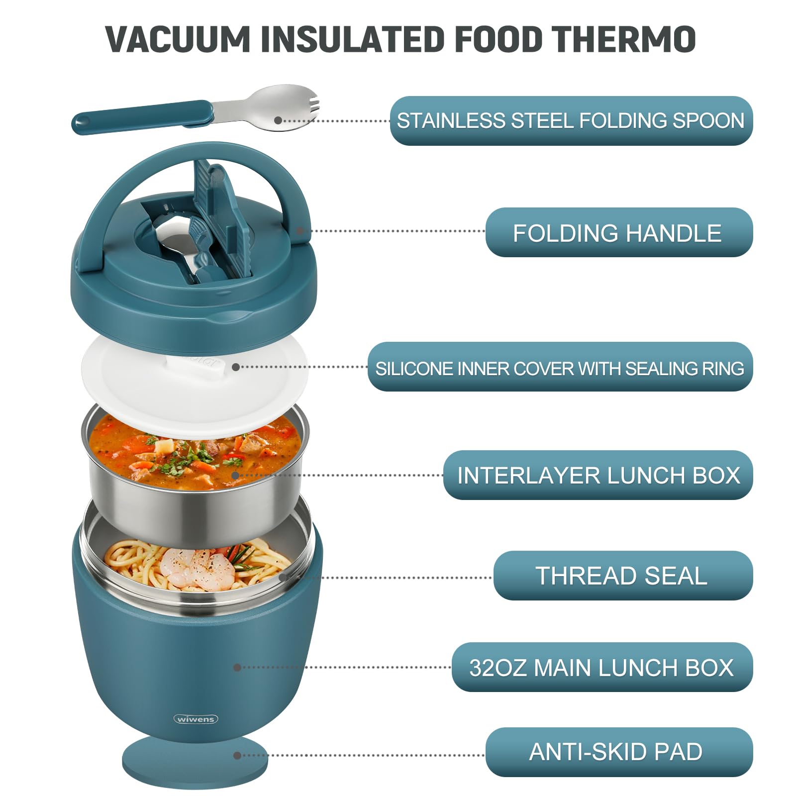 wiwens Thermo Food Jar for Hot Food Adults 32OZ Soup Thermo Lunch Containers Wide Mouth Vacuum Insulated Stainless Steel Leakproof Bento Box with Spoon (Beige)