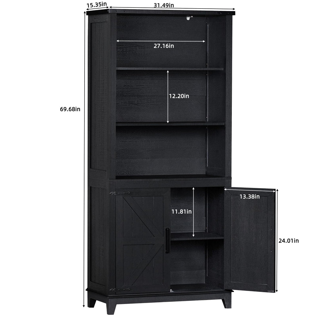Joaxswe 70in Tall Bookshelf 5 Tier Bookcase with Barn Doors and Adjustable Shelves, Black Farmhouse Book Shelf with Storage Cabinet, Wood Freestanding Display Bookshelves for Bedroom, Living Room