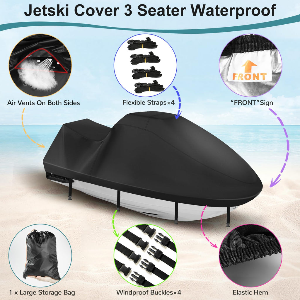 Jet Ski Cover,Heavy Duty 900D Oxford Jetski Cover 2 3 Seater with 2 Air Vents，4 Windproof Buckles，Easy On，Jetski Cover Waterproof for Seadoo Spark,Yamaha,All Weather Protection(Black, XL:115"-120")