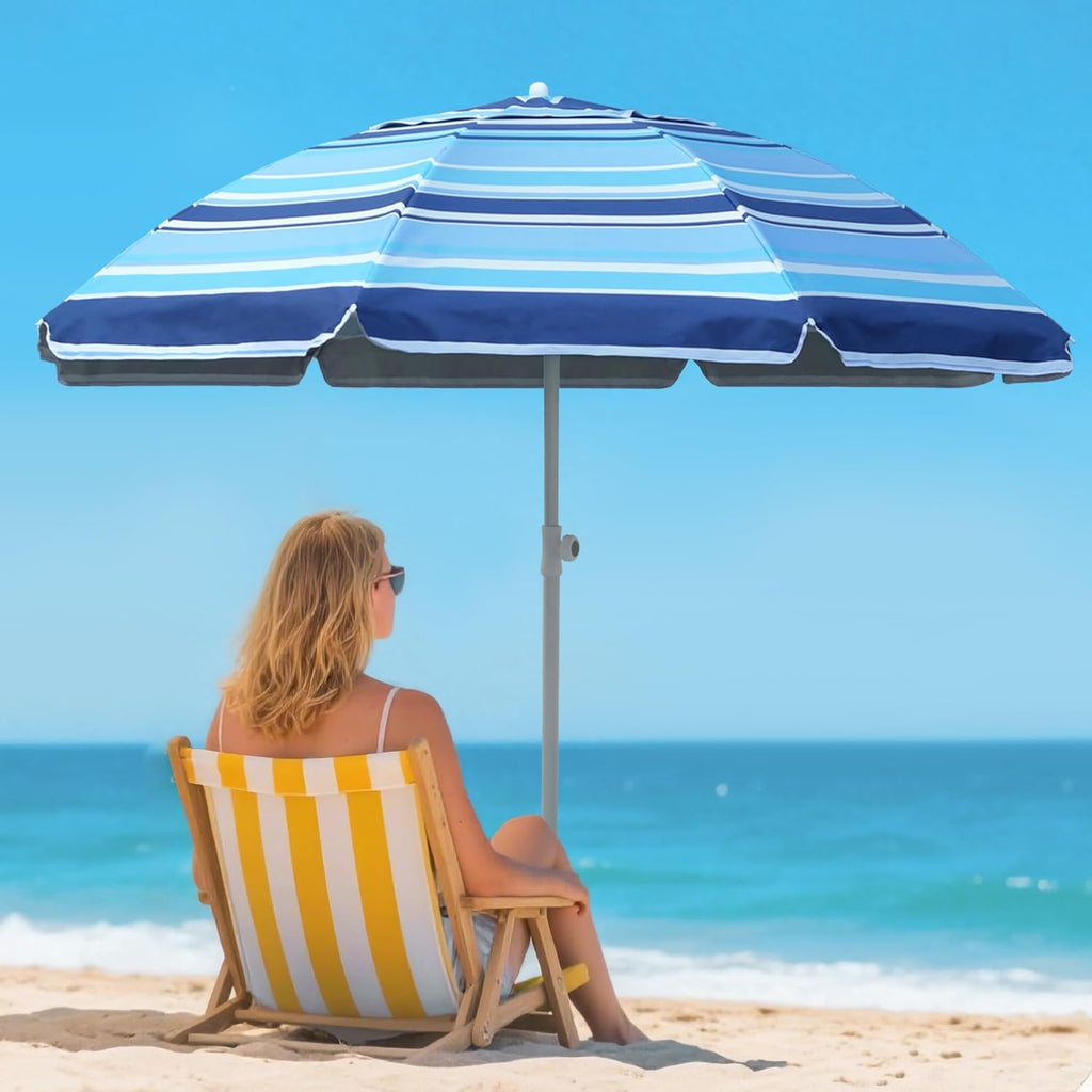 Deluwire 7ft Heavy Duty High Wind Beach Umbrella Parasols with sand anchor & Tilt Sun Shelter, UV 50+ Protection Outdoor Sunshade Umbrellas Carry Bag for Patio Garden Pool Backyard Stripe Blue insert completely into the sand