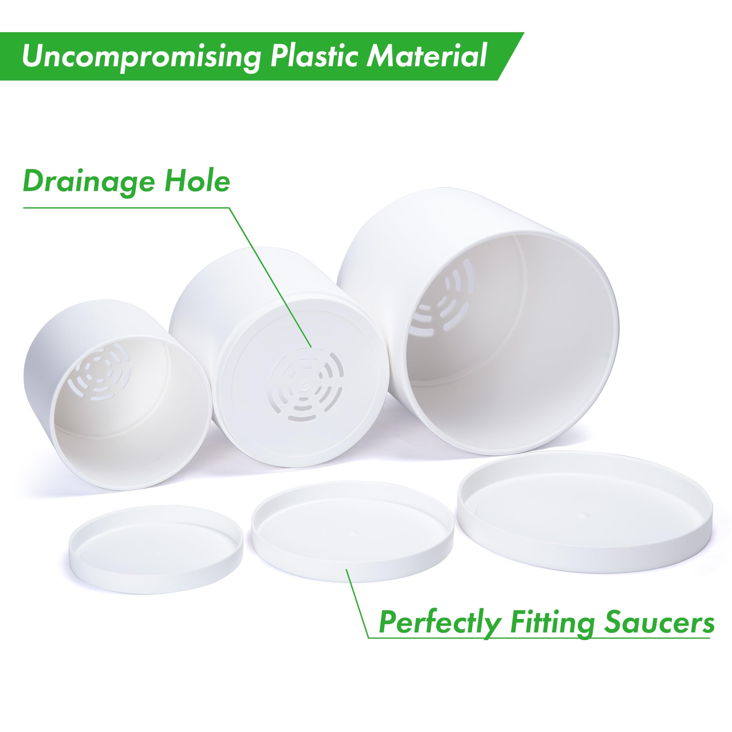 D'vine Dev 6.5 Inch 8 Inch 10 Inch, Set of 3 Plastic Planter Pots for Plants with Drainage Hole and Seamless Saucers, Black Color, Large, 74-V-B-4