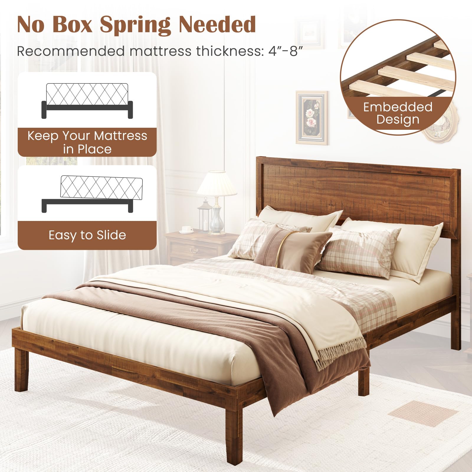 Giantex Wood Twin Bed Frames with Headboard, Solid Acacia Wood Platform Bed with 12 Strong Wooden Slat Support, Scandinavian Style Art Deco Twin Size Bed Frame, No Box Spring Needed, Rustic Brown
