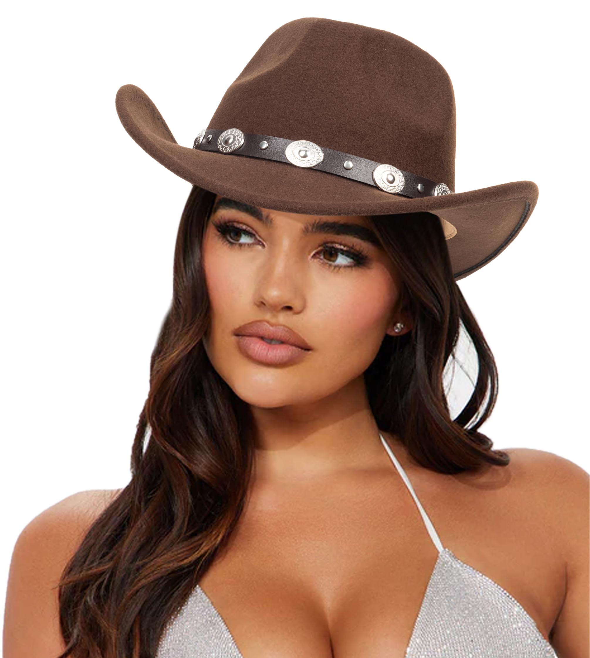 Eohak Womens Western Cowboy Hats Studded Pinched Western Cowgirl Hats Wide Brim Fedoras Hat with Belt Buckle (Size:Medium)