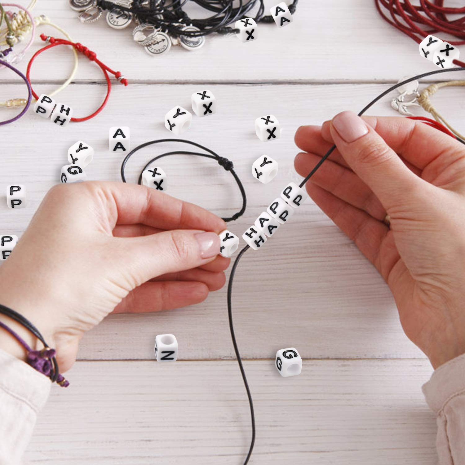 Augshy 700PCS White Letter Beads Alphabet Beads for Making DIY (6mm) | Premium Acrylic Cube Shape, Ideal Bracelets and Keychains, Large Hole Design for Easy Paracord Threading