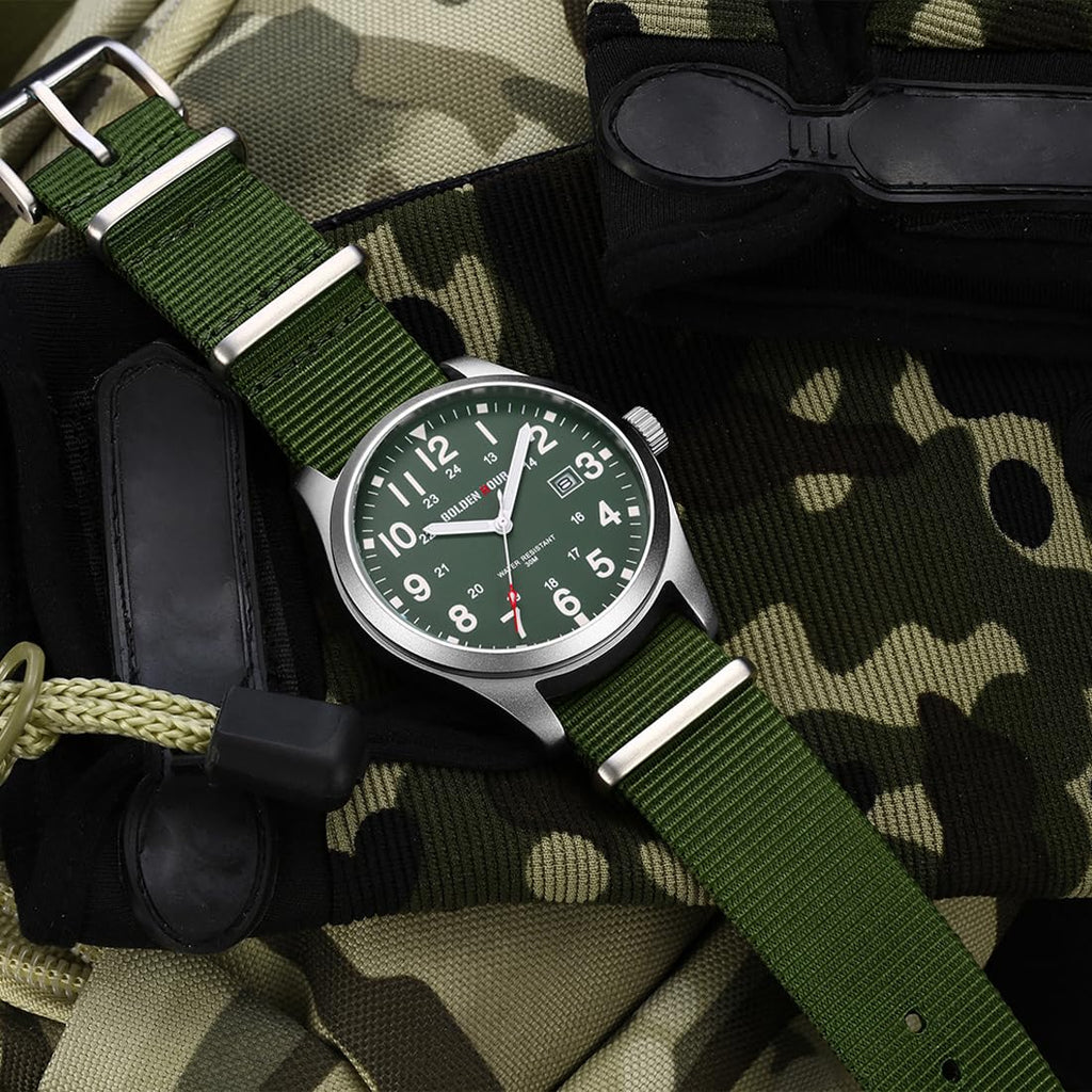 GOLDEN HOUR Men's Nylon Slip-Thru Strap Watch with Military Time Easy Read Dial Glowing Hands
