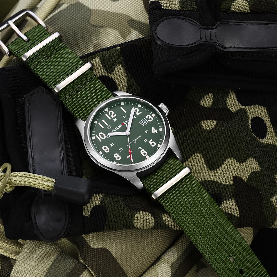 GOLDEN HOUR Men's Nylon Slip-Thru Strap Watch with Military Time Easy Read Dial Glowing Hands