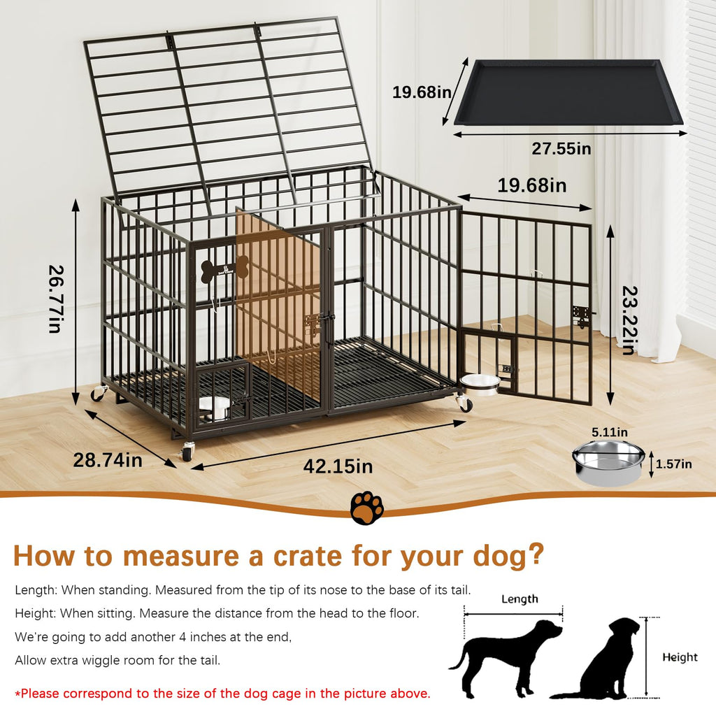 Dosker 42 inch Heavy Duty Metal Dog Crate with Divider for 2 Dogs/Large Dog, All Metal Open Top Escape Proof Cage, Indoor Dog Kennel with Wheels, Floor Grid, Tray, Feeding Bowl