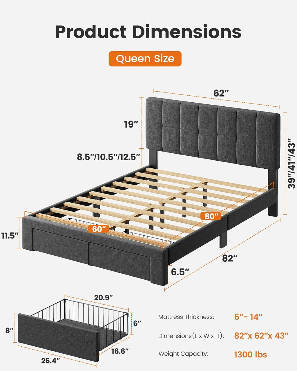 Pipishell Queen Bed Frame with 2 Storage Drawers, 12 Sturdy Legs, Solid Wooden Bed Base with Upholstered Headboard for 6″ to 12″ Mattresses, 1300 lbs High Weight Capacity, Easy Assembly, Dark Gray