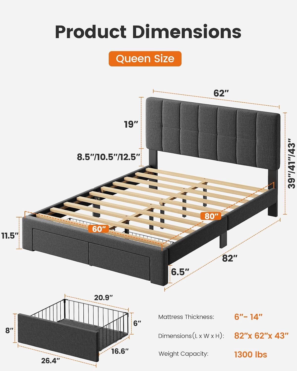 Pipishell Queen Bed Frame with 2 Storage Drawers, 12 Sturdy Legs, Solid Wooden Bed Base with Upholstered Headboard for 6″ to 12″ Mattresses, 1300 lbs High Weight Capacity, Easy Assembly, Dark Gray