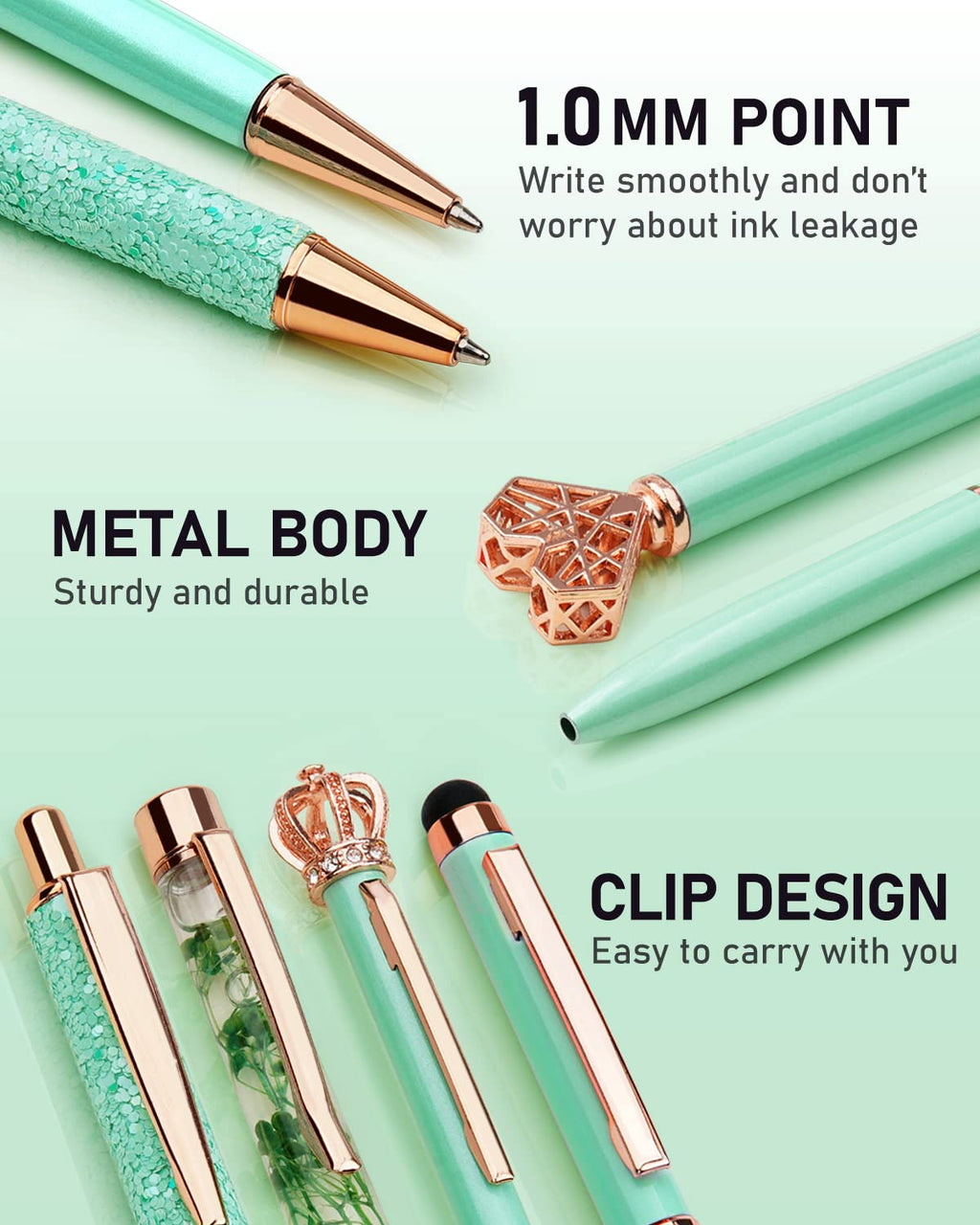 WEMATE 8Pcs Ballpoint Pens Set Metal Crystal Diamond Pen Glitter for Journaling Black Pen Bling in Black & Blue Ink Pretty Cute Pens Fancy Pens Gifts for Women Wedding School Office Desk(Black)