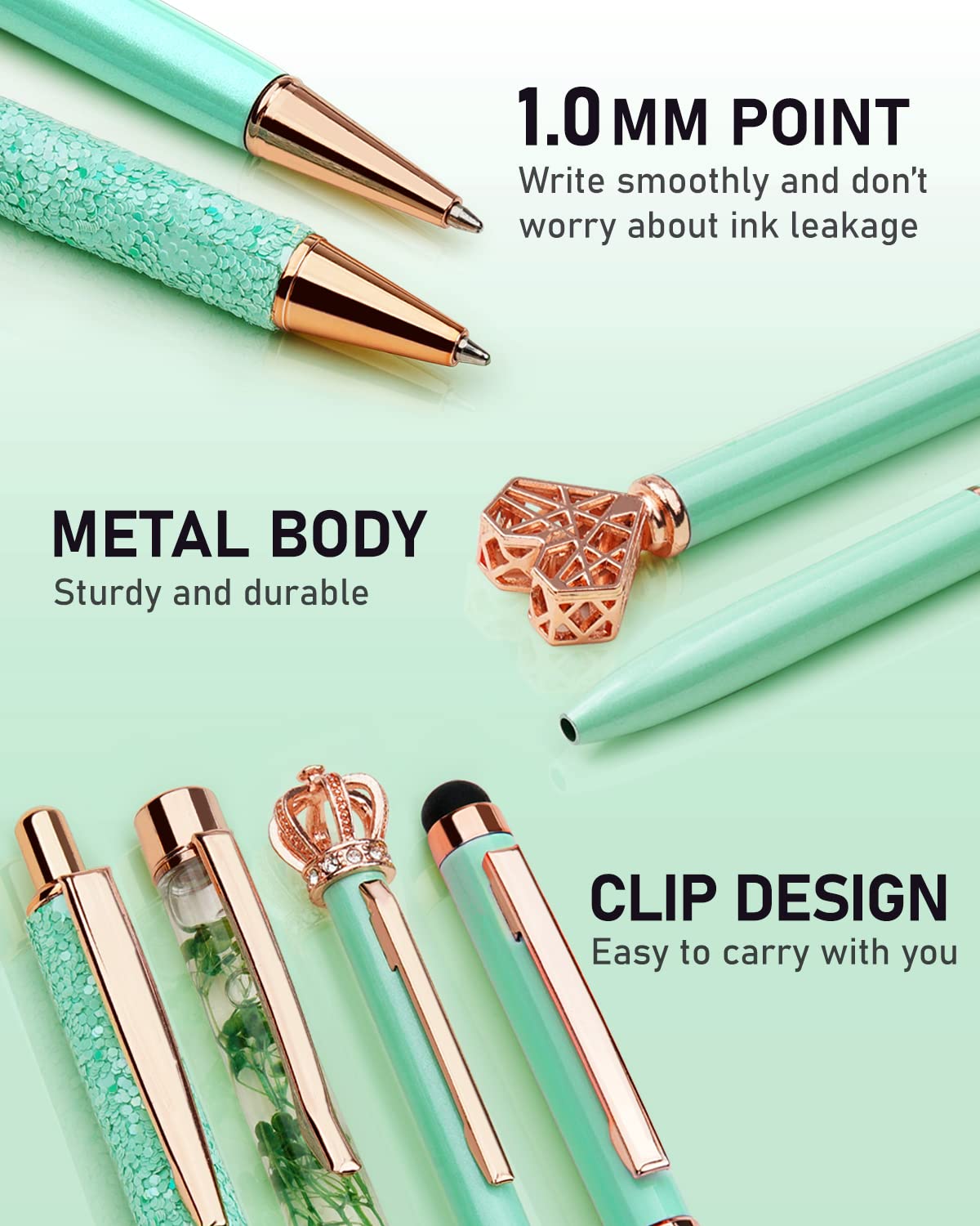 WEMATE 8Pcs Ballpoint Pens Set Metal Crystal Diamond Pen Glitter for Journaling Black Pen Bling in Black & Blue Ink Pretty Cute Pens Fancy Pens Gifts for Women Wedding School Office Desk(Black)