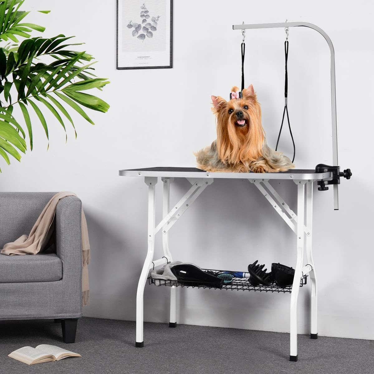Yaheetech 36'' Dog Grooming Table, Pet Foldable Grooming Table w/Double Loops/Mesh Tray/Adjustable Arm, Black