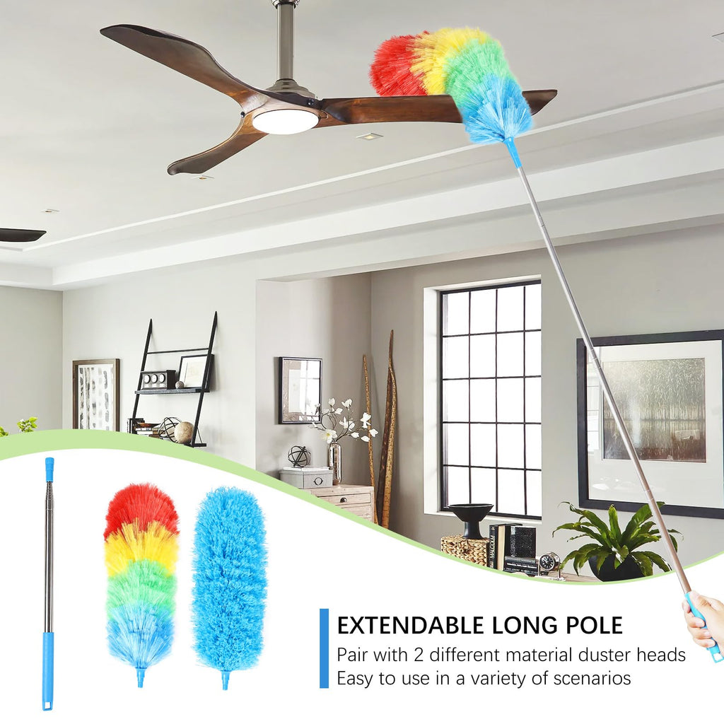 Ceiling Fan Cleaner Duster Reusable Microfiber Removable Duster with Extension Pole Adjusts 12 to 71 Inch for Cleaning Walls Bookshelves Furniture Door Window Top (Blue)
