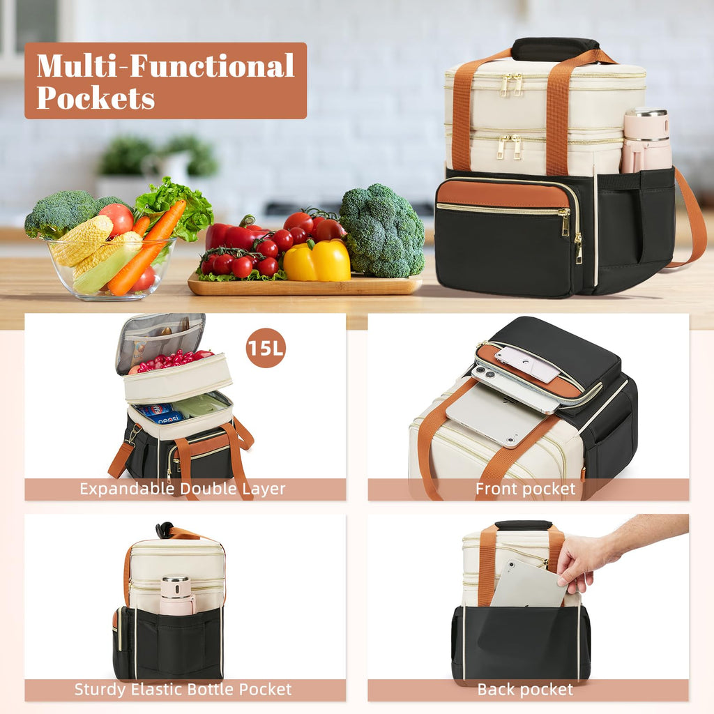 holuxer Insulated Lunch Bag & Lunch Box for Men - Double Deck Reusable Lunch Bag for Women Tote Cooler Bag Leakproof Soft Expandable - Large Lunchbox for Work/Adult/Picnic/Outdoor (Black，15L)