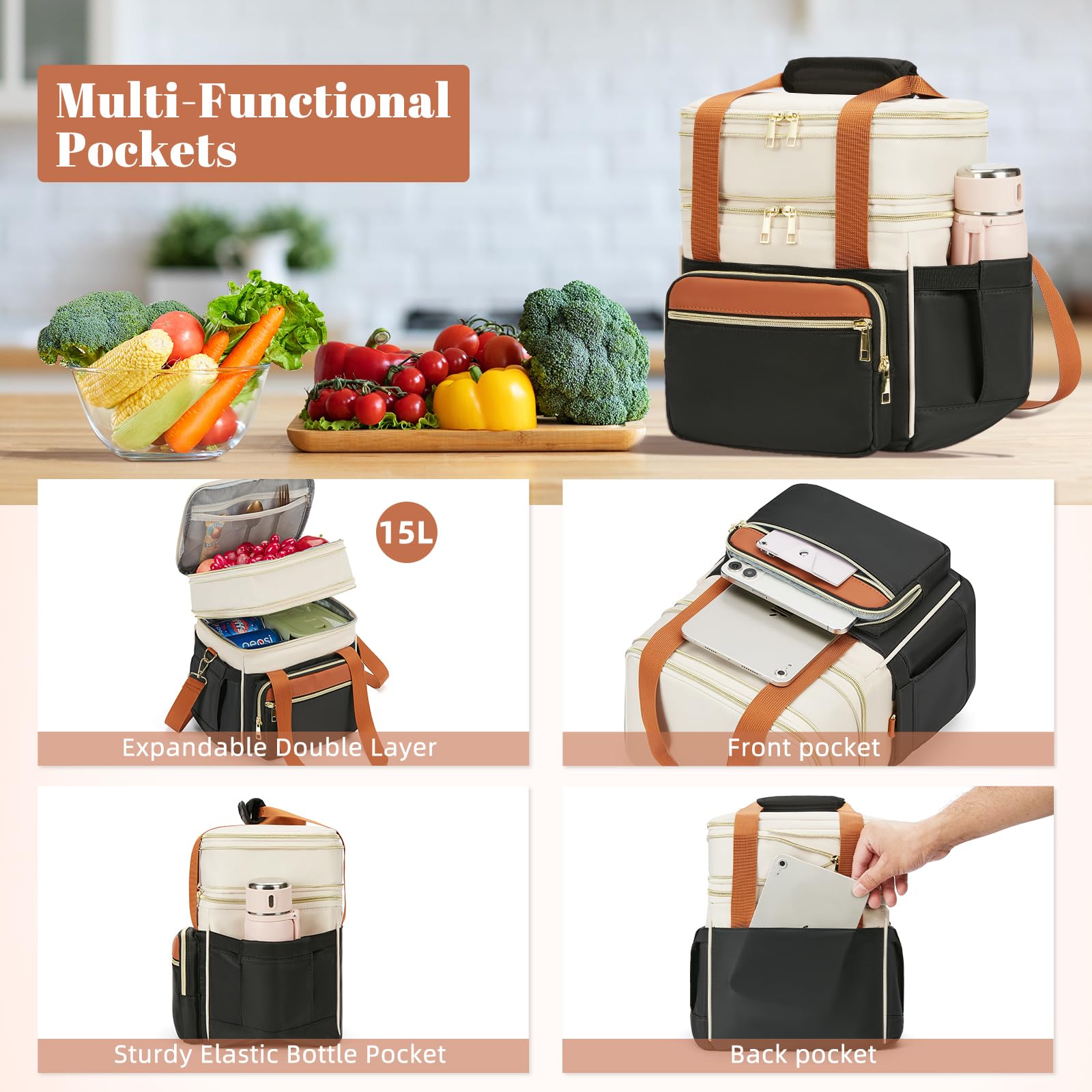 holuxer Insulated Lunch Bag & Lunch Box for Men - Double Deck Reusable Lunch Bag for Women Tote Cooler Bag Leakproof Soft Expandable - Large Lunchbox for Work/Adult/Picnic/Outdoor (Black，15L)