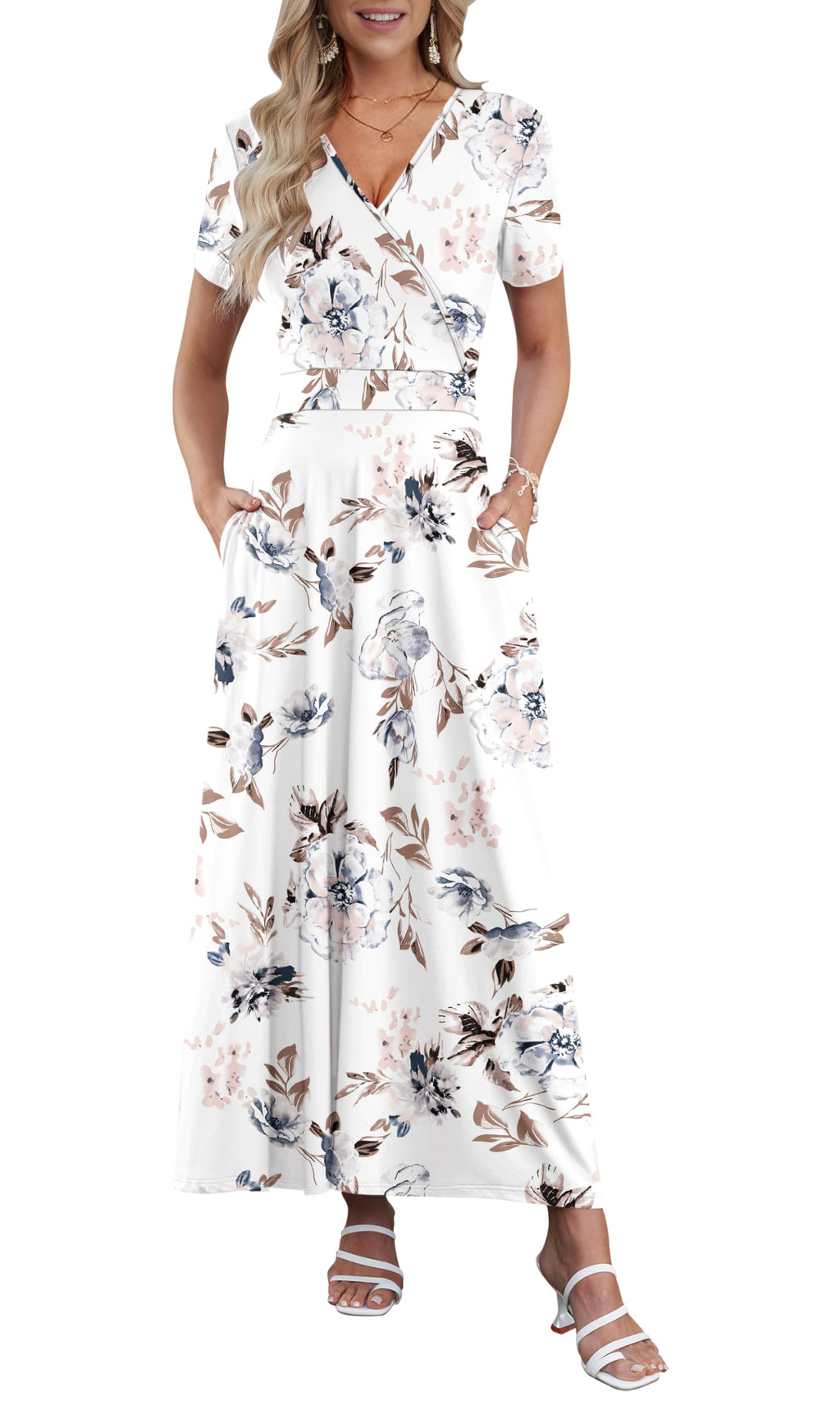 AUSELILY Maxi Dresses for Women Ankle Length Floral Print Beach Long Flowy Dress with Pockets