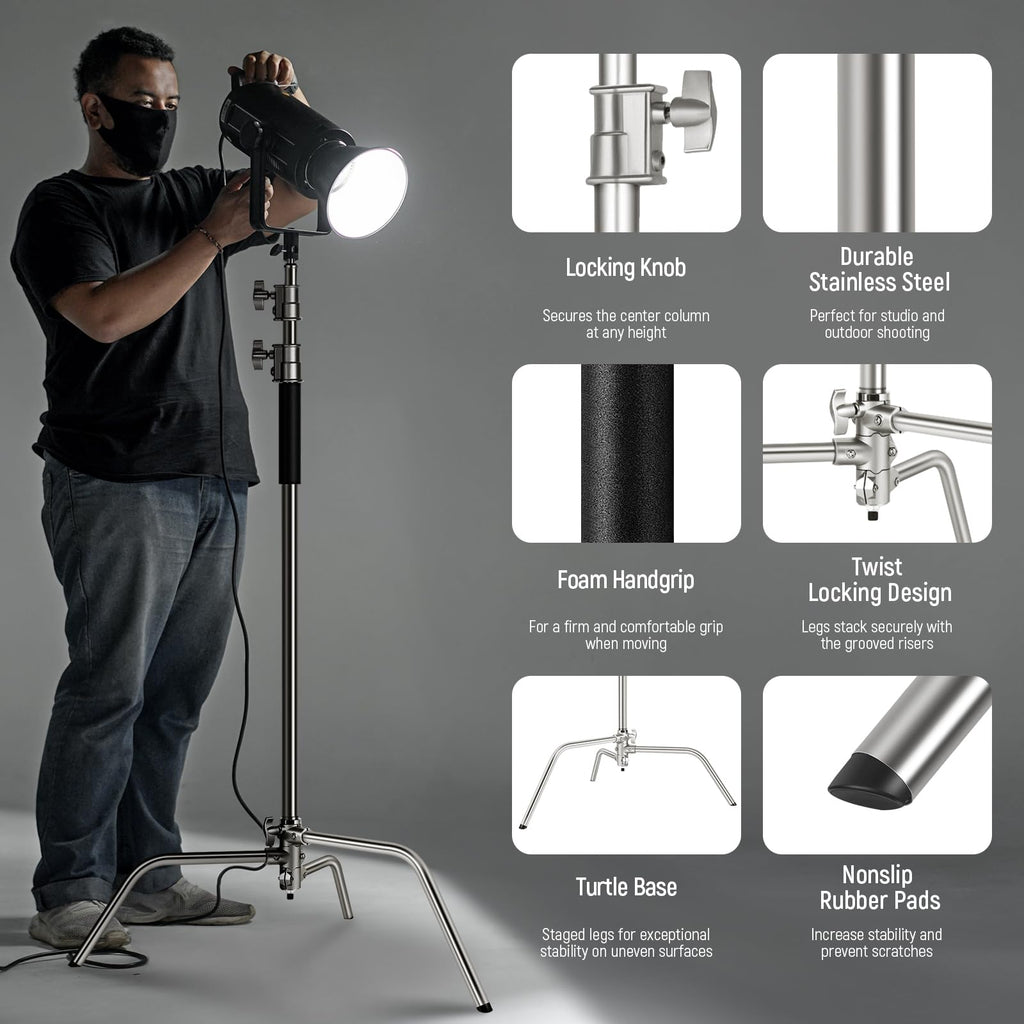 NEEWER Pro 100% Stainless Steel Heavy Duty C Stand with Boom Arm, Max Height 68"/172cm Photography Light Stand with 2.7ft/83cm Holding Arm, 2 Grip Head for Studio Monolight, Softbox, Reflector, SC172