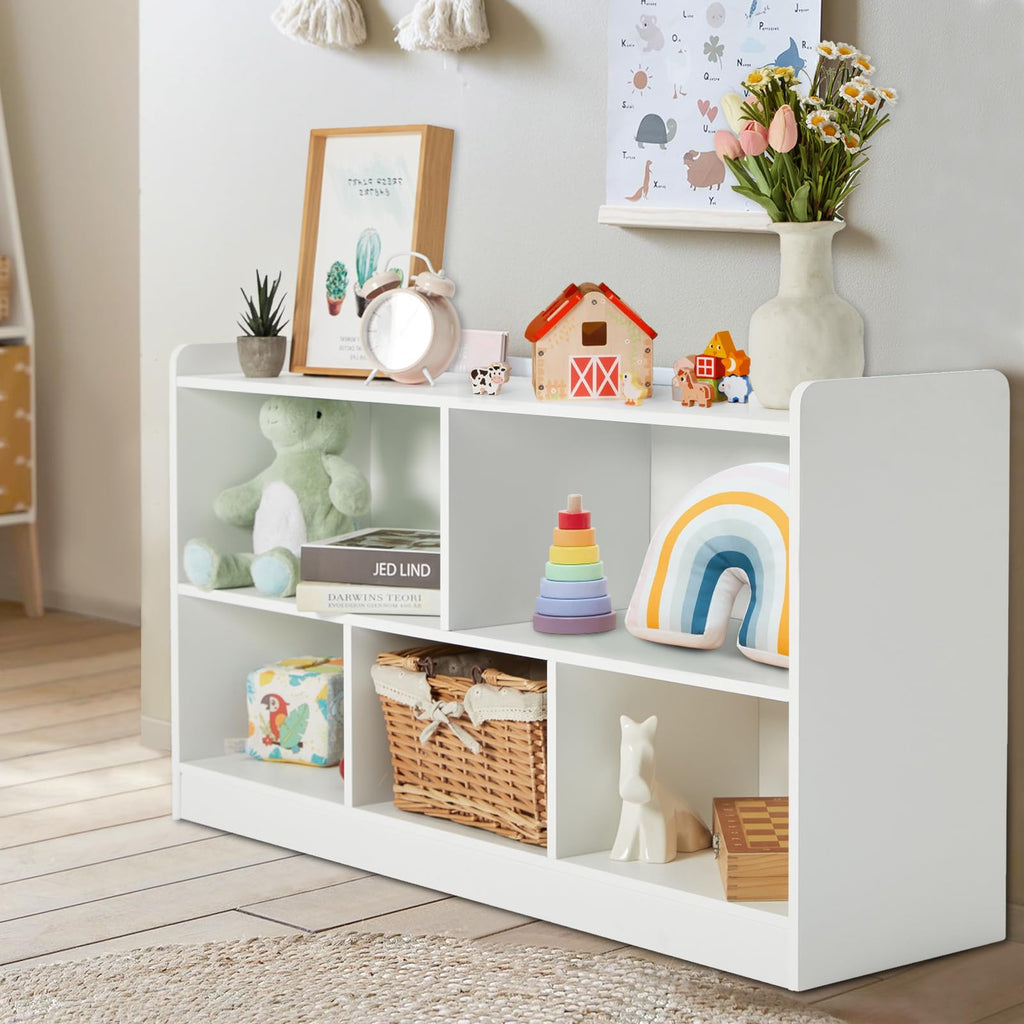 Montessori Shelf, Wooden Toy Storage Organizer for Books Toys, 2 Shelf Bookcase, 5-Section Storage Cabinet, Toddler Book Shelf for Kids Rooms, Playroom, Nursery, Kindergarten (Natural)