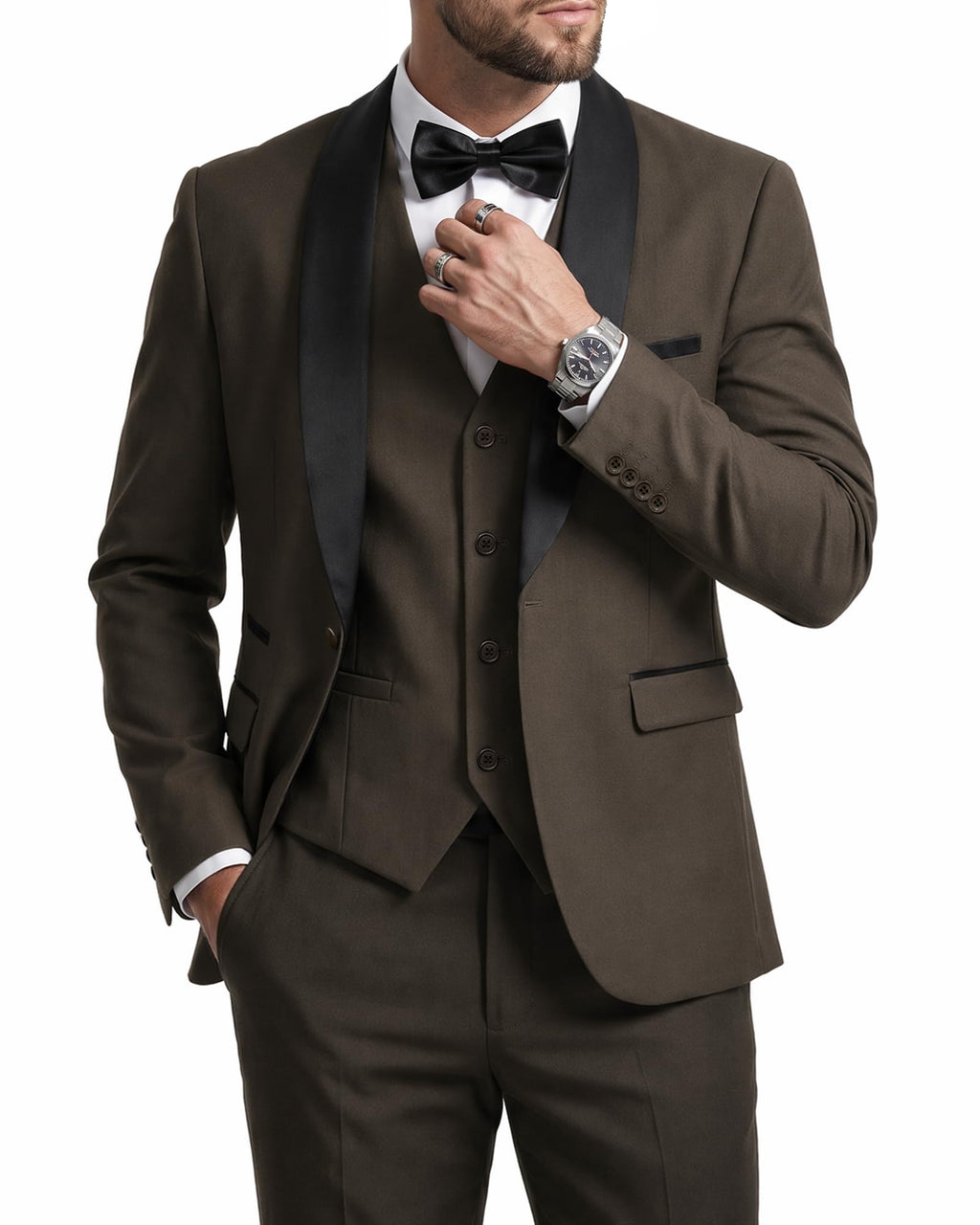 MrSure Men’s 3 Piece Slim Fit Suit, One Button Shawl Lapel Tuxedo, Premium Dinner Jacket Vest Pants & Tie Set