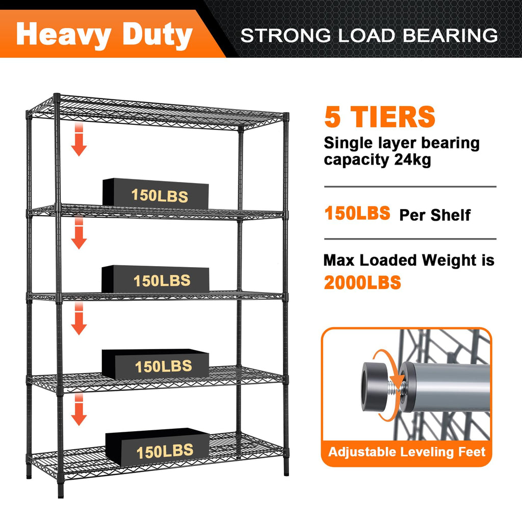 Land Guard 5 Tier Black Storage Racks and Shelving - 48" L x 20" W x 72" H Heavy Steel Material Pantry Shelves - Each Unit Loads 350 Pounds Wire Shelf, Suitable for Warehouses, Closets, Kitchens……