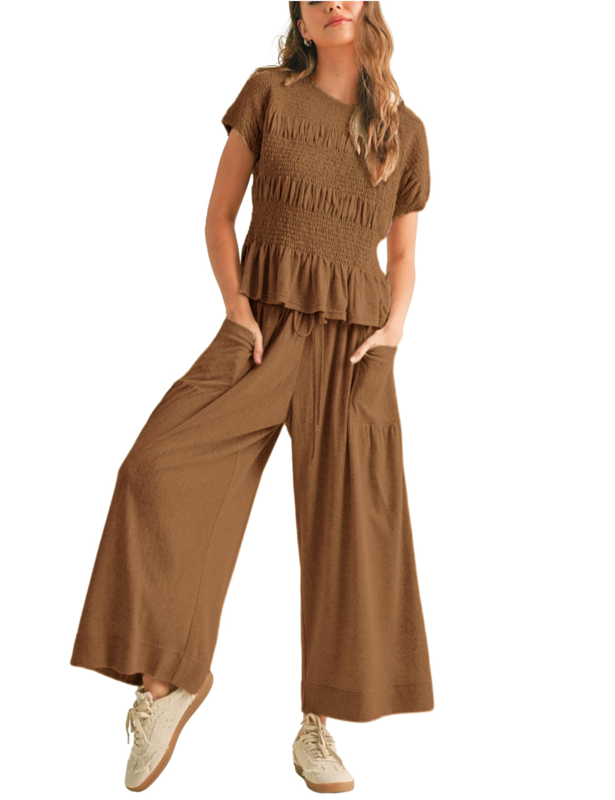 Antnation Womens 2 Piece Smocked Top Wide-Leg Pants Set High-Waisted Lounge Outfit with Pockets Casual Boho Matching Set