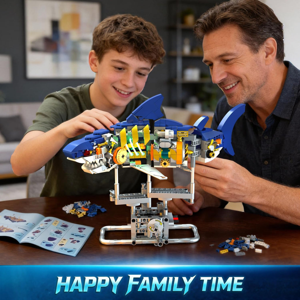 INSOON Mechanical Shark Building Set with LED Light, 687 PCS Interactive Building Block Model with Display Stand, Movable Ocean Animal STEM Toy, Home Decor Gift for Adults Teens Kids Boys Ages 8-12+