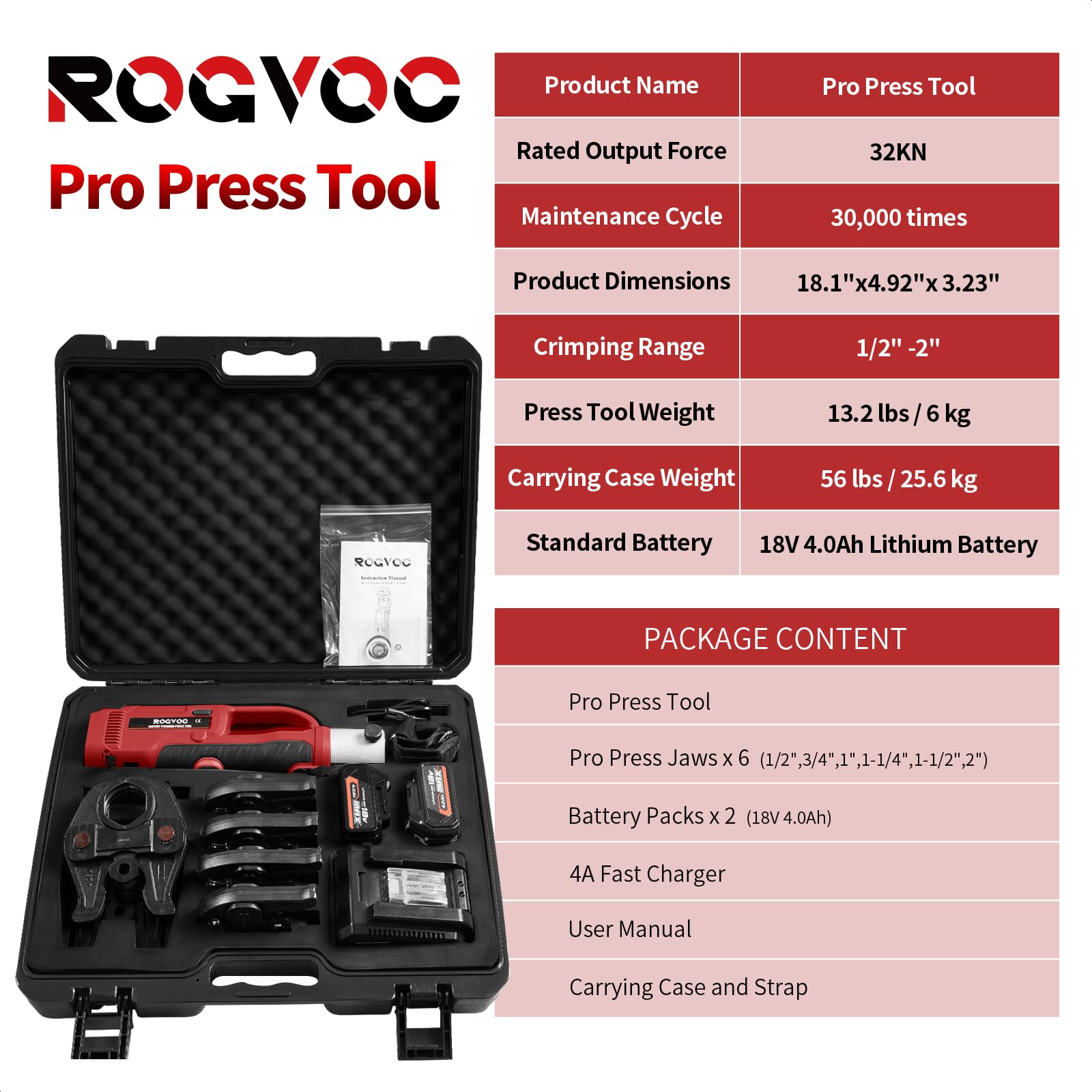 Cordless Pro Press Tool, with 3 Pro Press Jaws Tube Crimping Tool Kit for 1/2, 3/4, 1 inches Copper Pipes and Stainless Steel Pipes, 2pcs 4.0 Ah Battery and Charger, Carrying Case Included