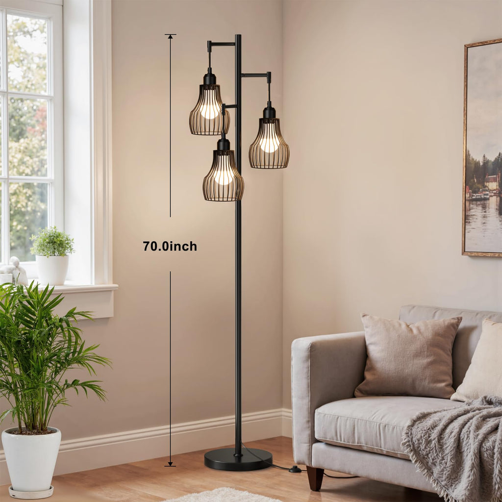 Ziisee Dimmable Floor Lamps for Living Room, Industrial Tree Standing Tall Lamps with 3 Elegant Cage Shade & 800 Lumens LED Bulbs for Bedroom Office - Brown